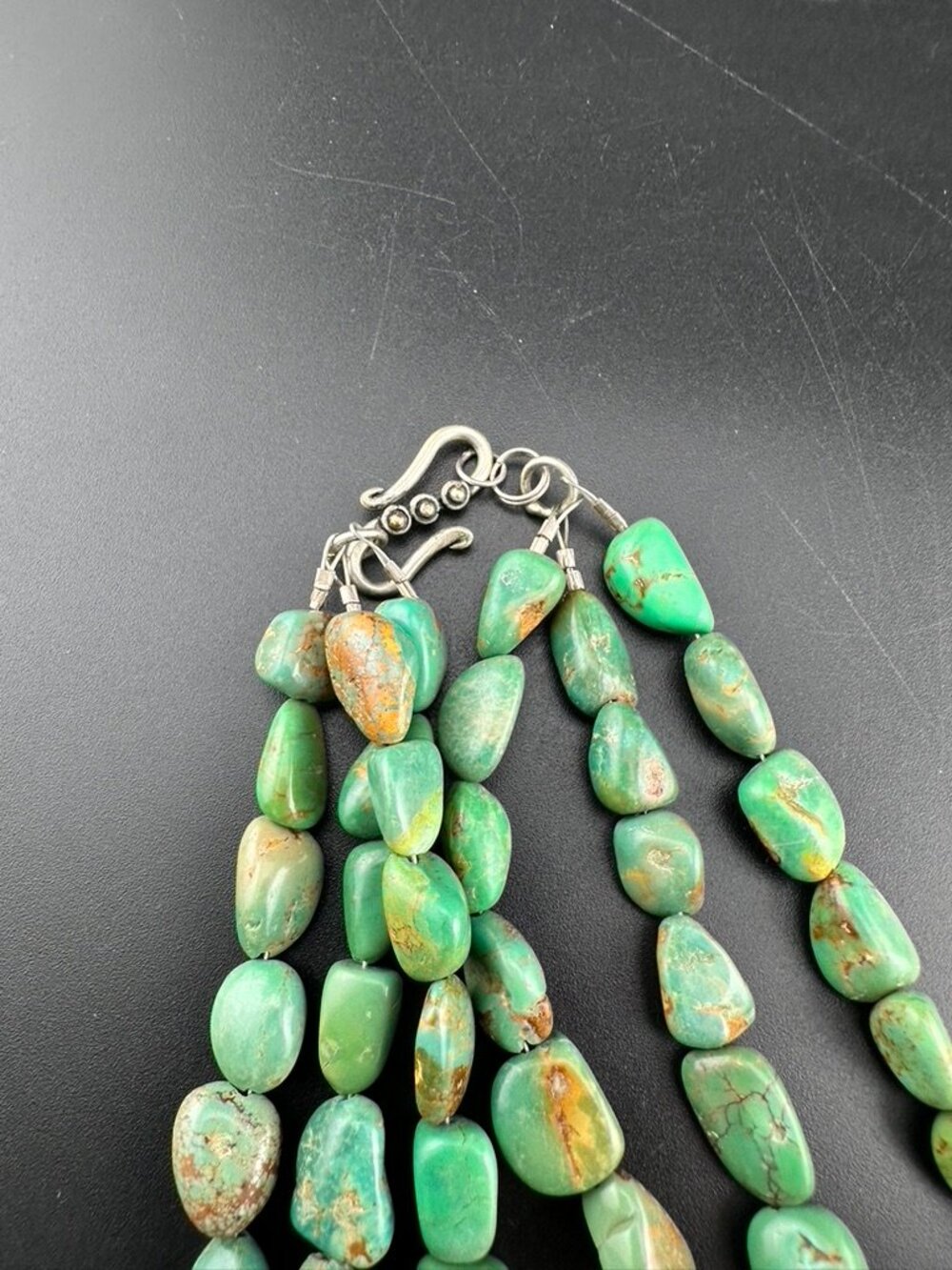 3 Strand Natural Green Turquoise Nugget Bead Sterling Silver Bib Necklace - Picture 6 of 6
